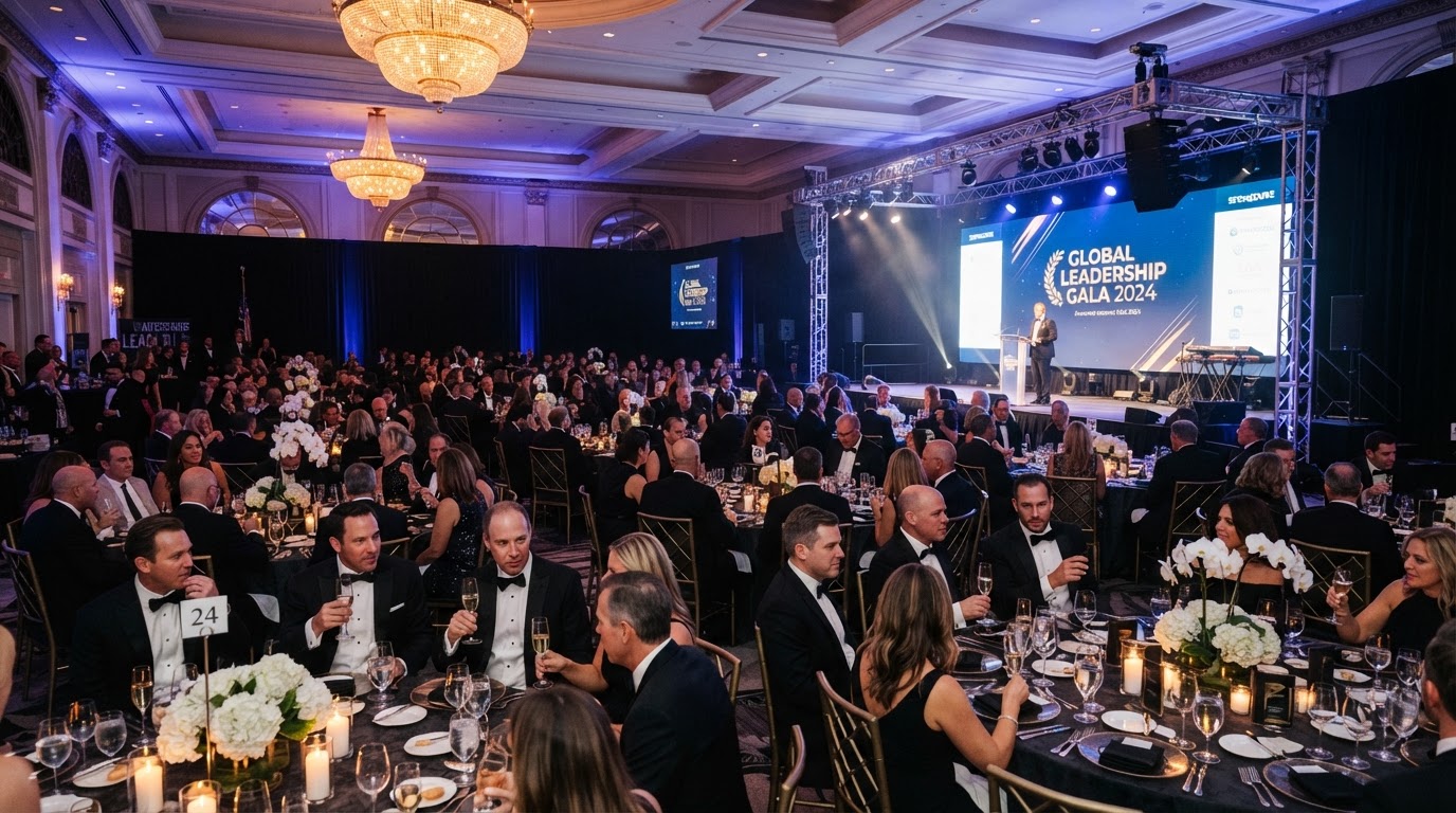 Elegant corporate gala event with sophisticated stage lighting and decor