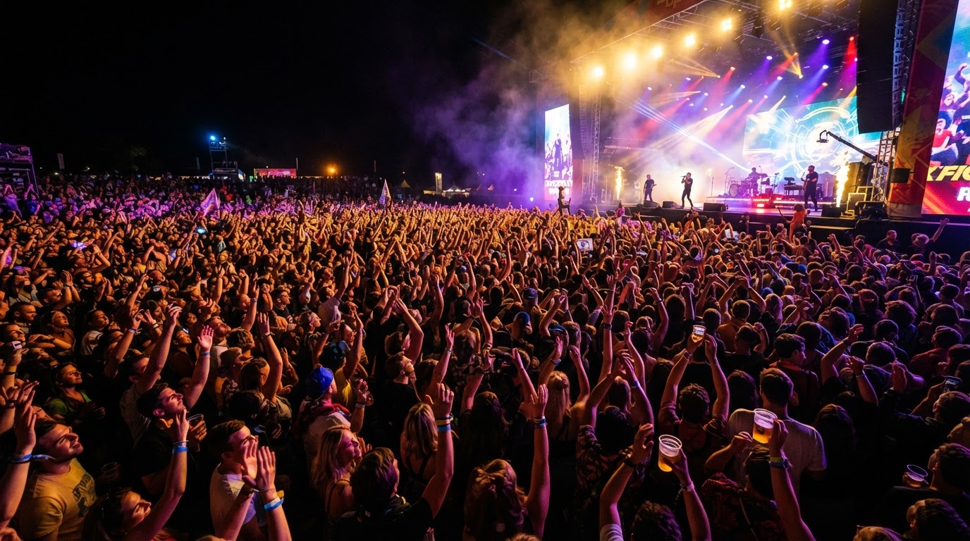 Large concert crowd enjoying live music under colorful stage lights