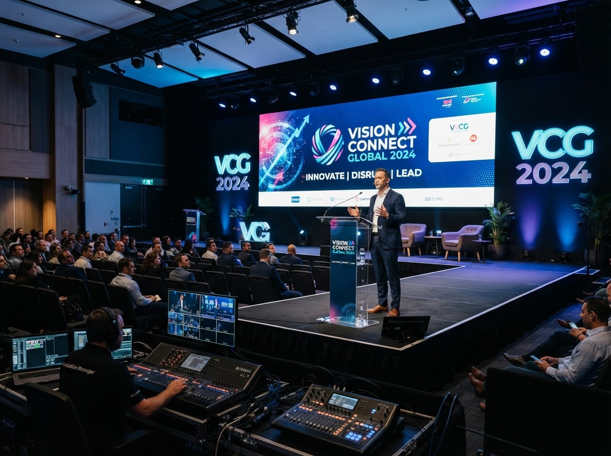 Modern product launch event with branded video walls and interactive displays