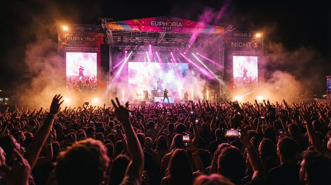 Multi-day music festival at night with vibrant pink and purple stage lighting over a large crowd