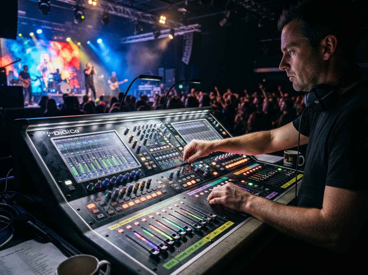 Professional audio mixing console with faders and controls at a live event