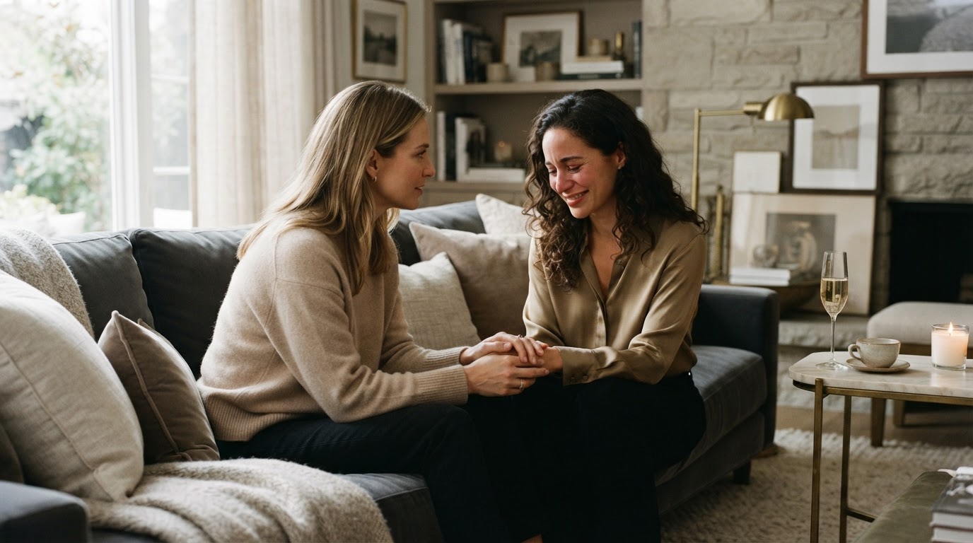 Dos mujeres en una conversación de acompañamiento en un interior elegante