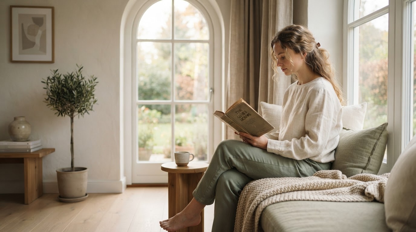 Mujer leyendo un libro junto a una ventana luminosa en un interior cálido