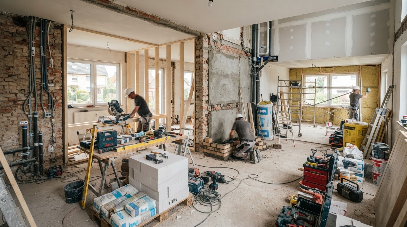 Bau- und Sanierungsleistungen von SW Bau UG: Materialien und laufende Ausbauarbeiten auf einer Baustelle