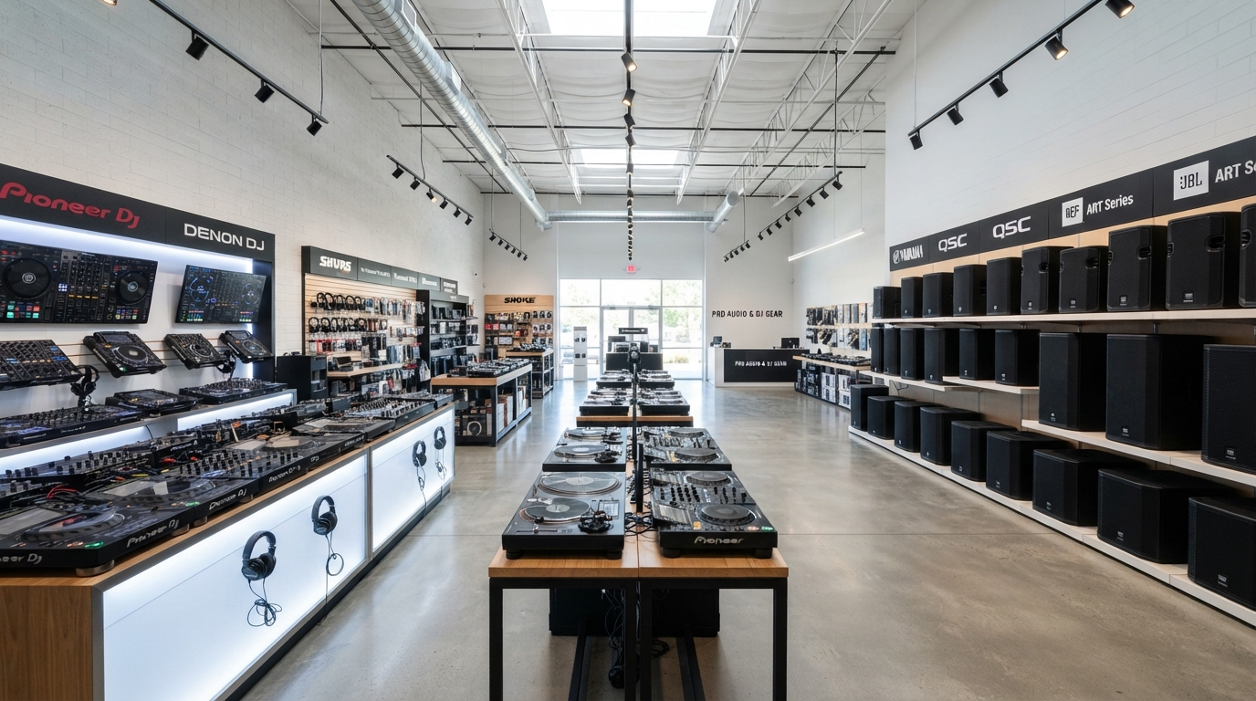 AZ DJ & Sound Co. showroom floor with DJ controllers, turntables, and PA speakers on display