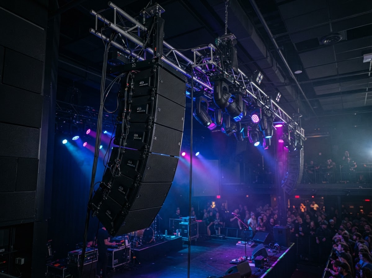 Line array PA system at a live venue