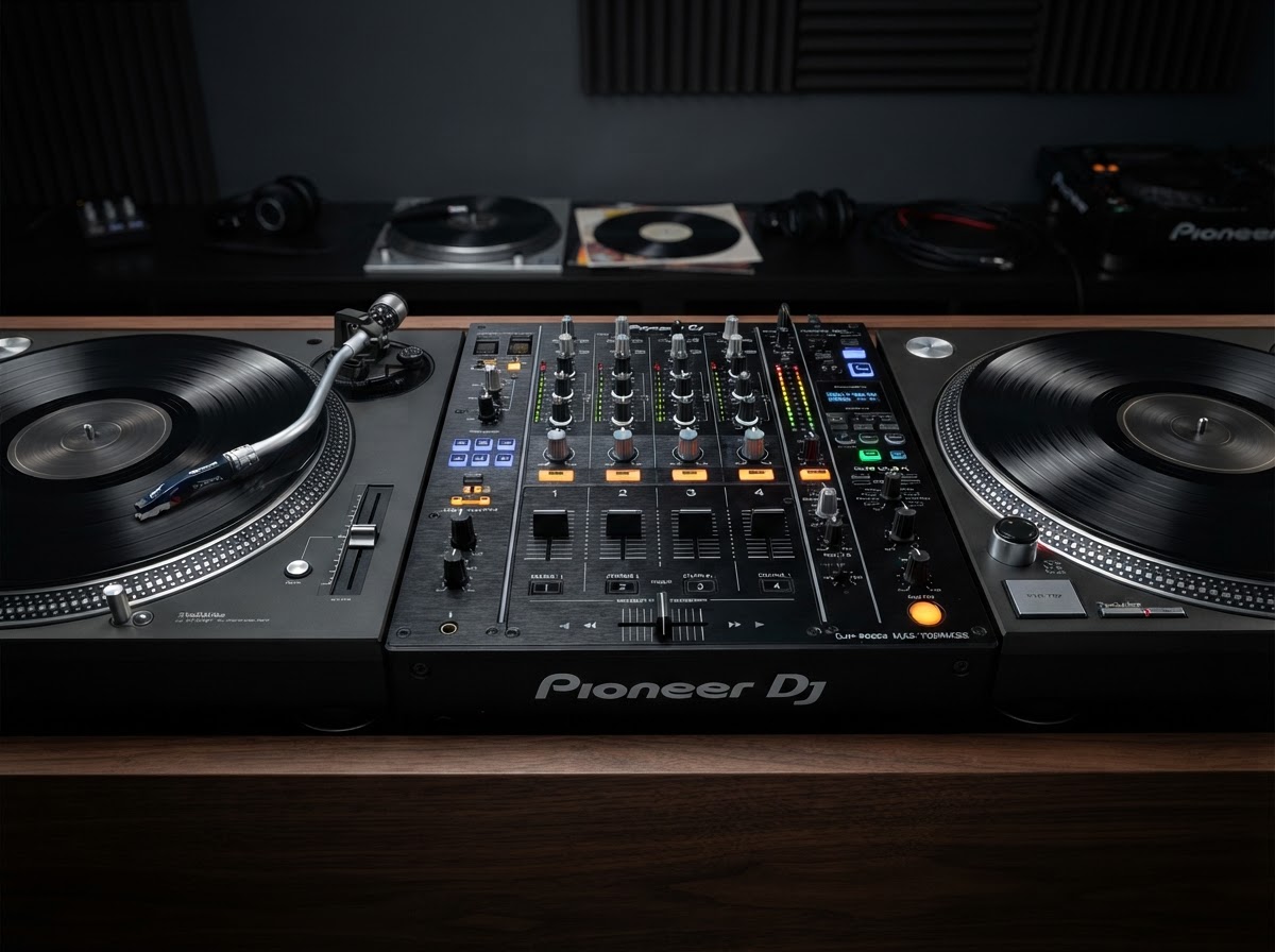 DJ mixer and turntable close-up