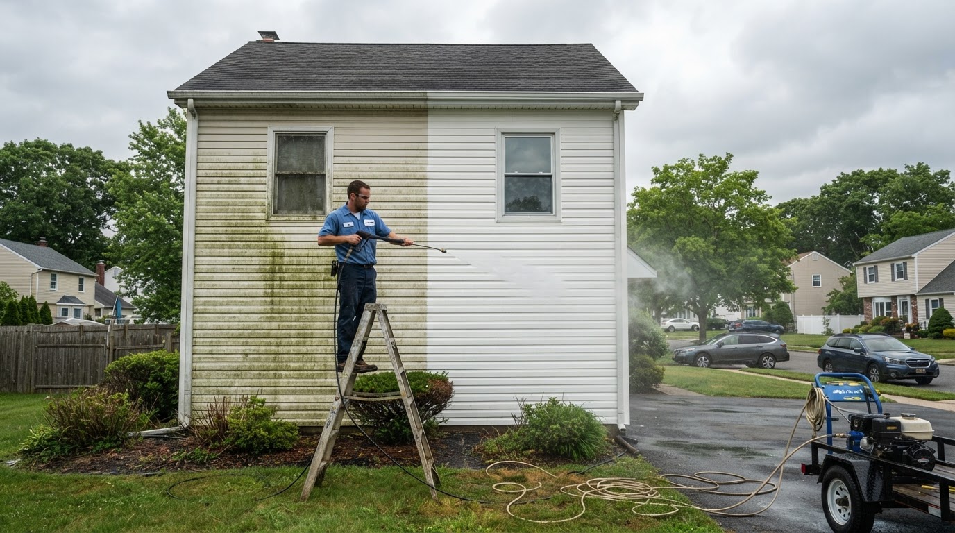 Half-washed Long Island home mid pressure washing job, before and after