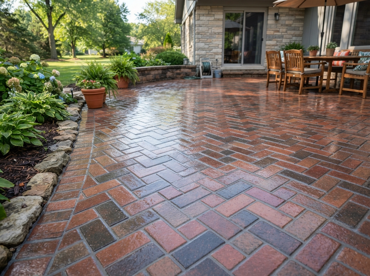Sealed pavers with wet-look finish on Long Island patio