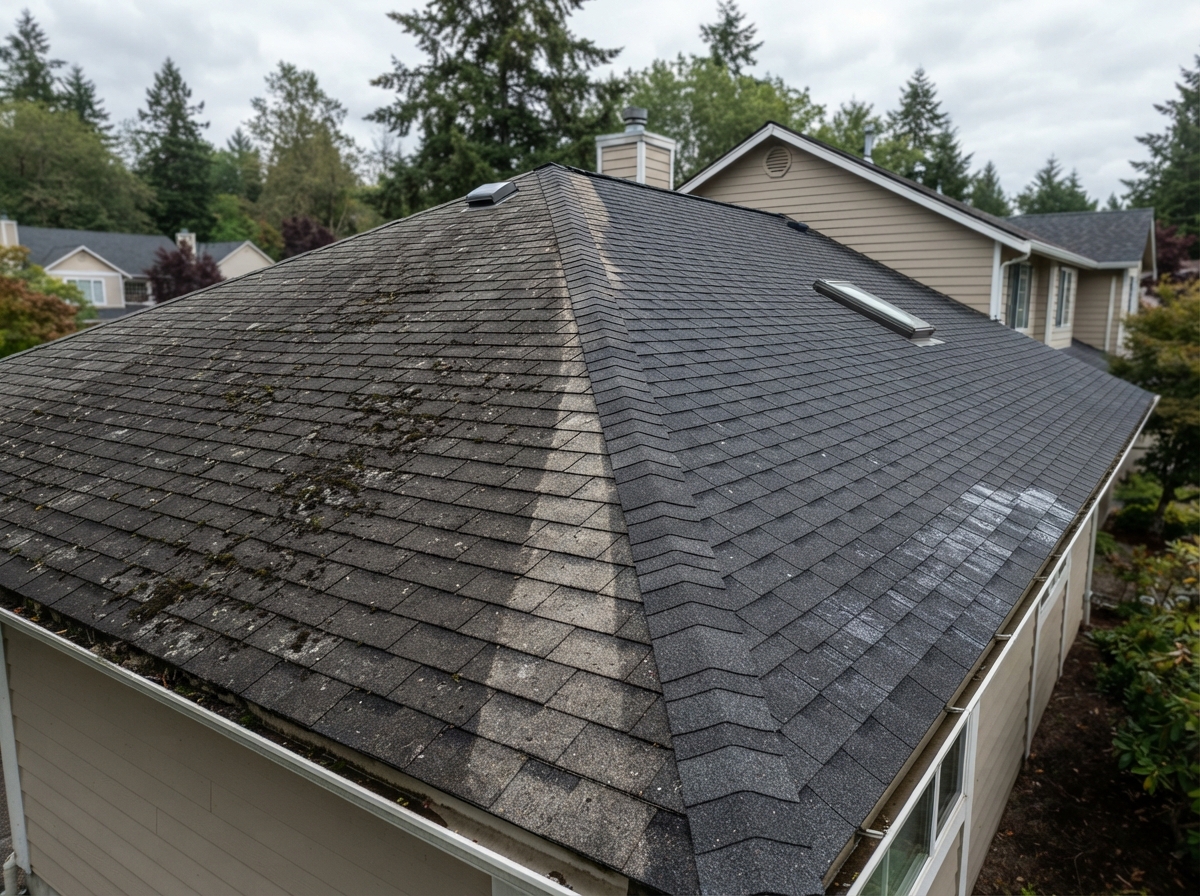 Roof with black algae streaks before soft washing