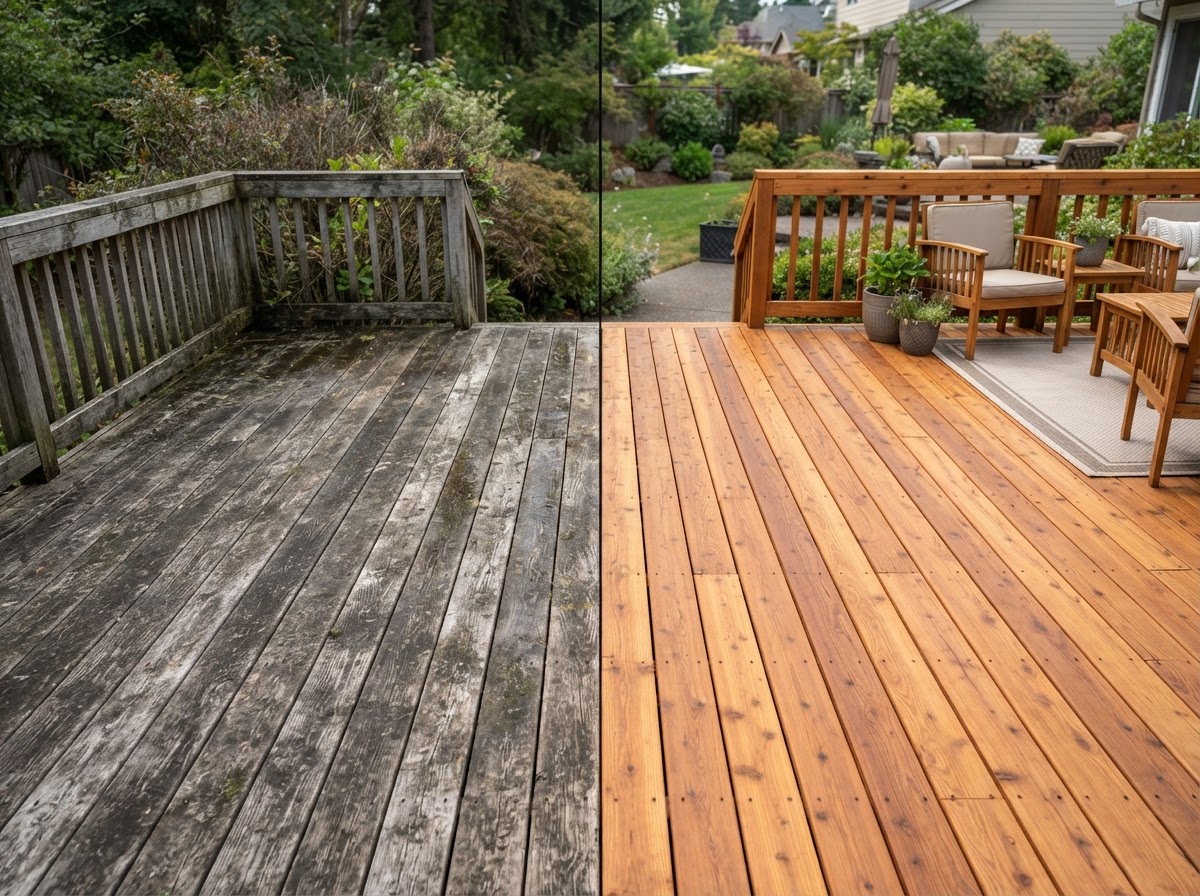 Softwood deck cleaned at correct pressure — clean grain