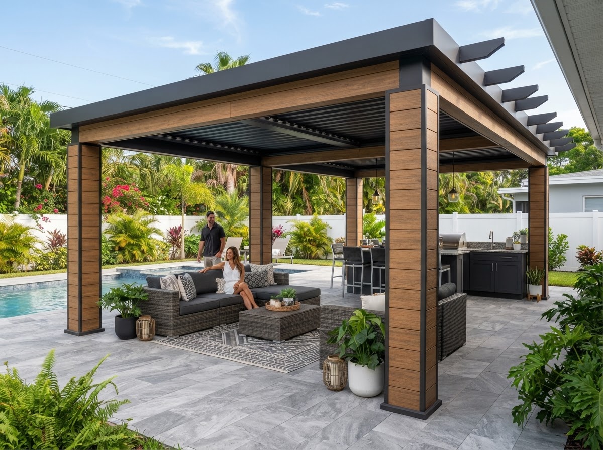 Aluminum terrace structure with composite wood-look cladding on support columns