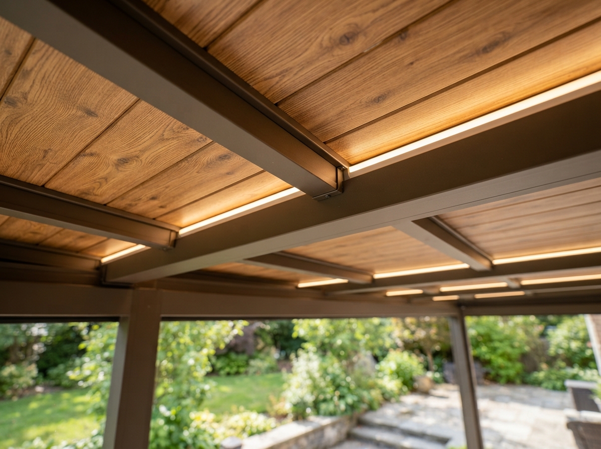 Aluminum patio cover ceiling with composite wood-look planks and integrated LED lighting