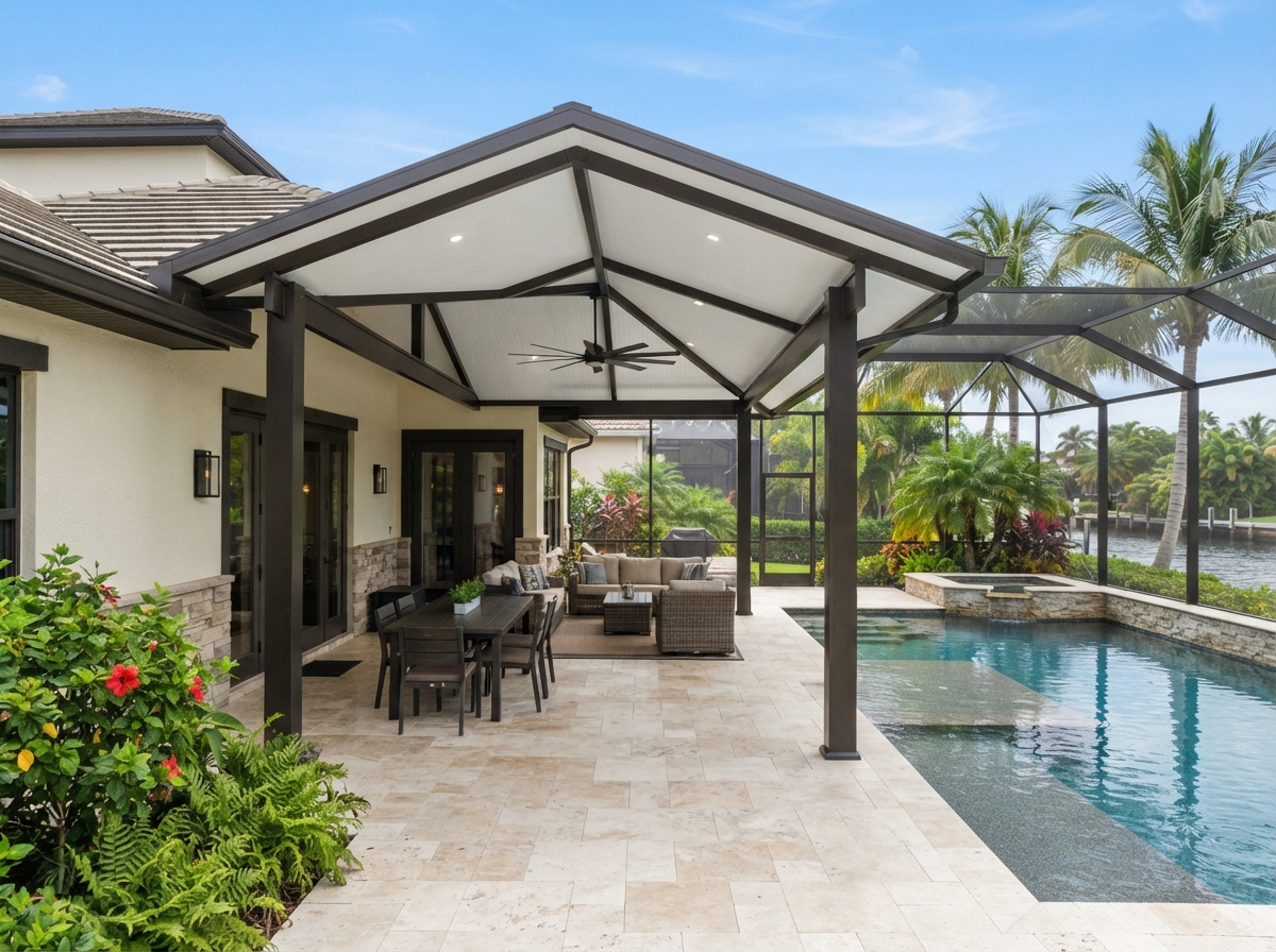 Modern aluminum patio cover with fan vaulted ceiling, white insulated roof panels and dark aluminum beams