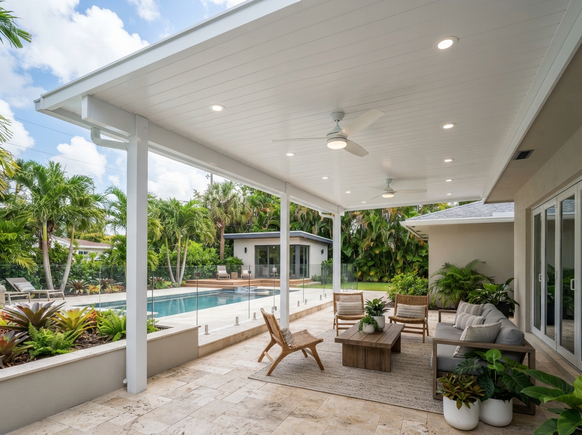 White aluminum ceiling system with recessed lighting and ceiling fans under a patio cover