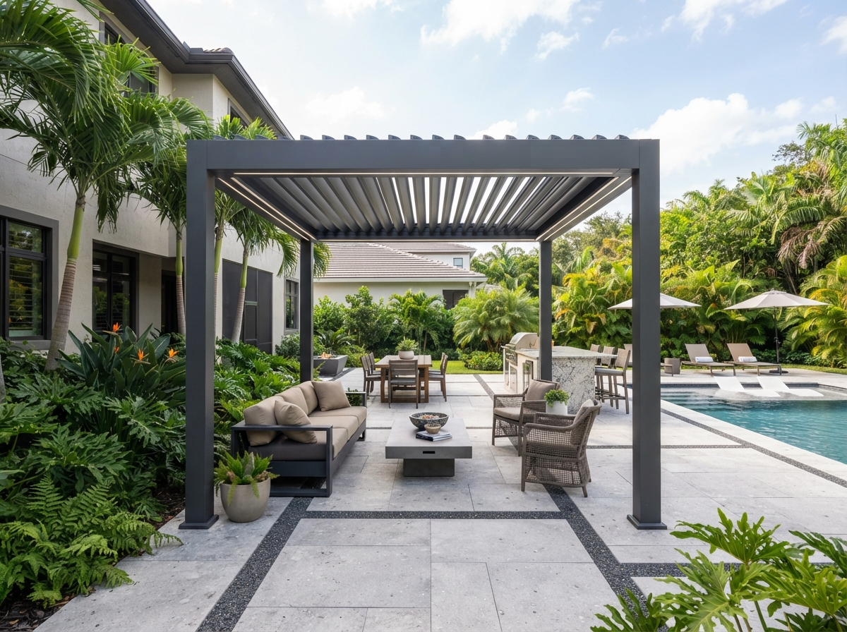 Freestanding aluminum pergola with adjustable louvered roof slats on a paver patio