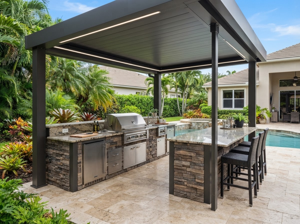 Outdoor kitchen with stainless steel grill and bar area under an aluminum patio cover