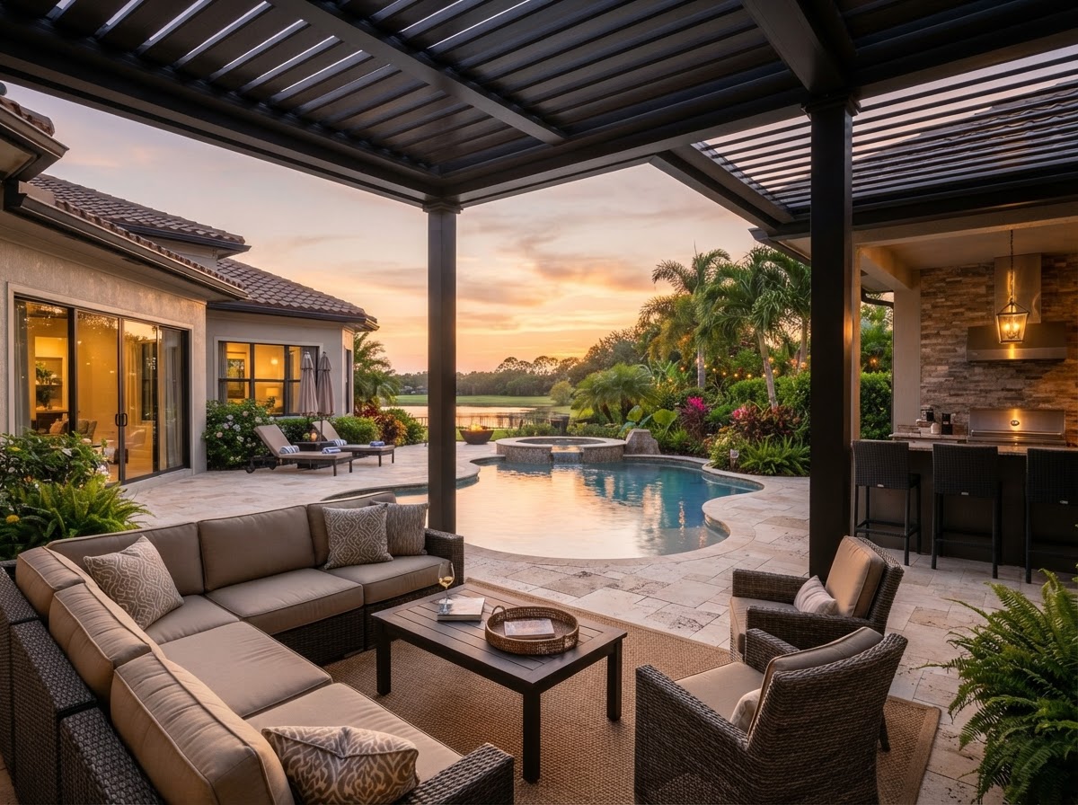 Poolside aluminum terrace cover with dark columns and lounge furniture at sunset