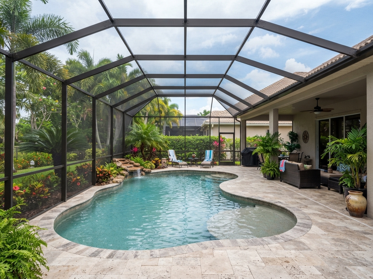 Screened aluminum pool enclosure with dark framing enclosing a swimming pool and patio