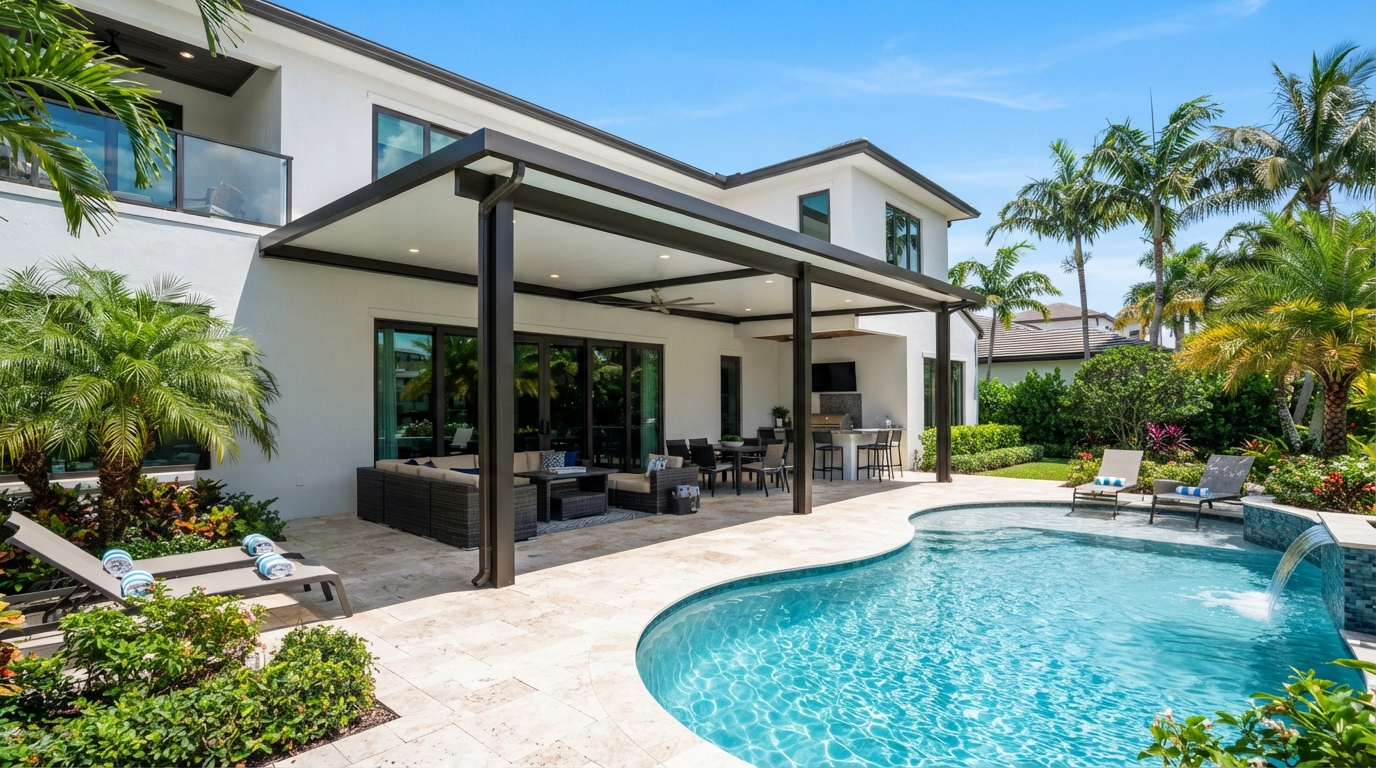 Large aluminum terrace patio cover with white insulated roof panels beside a swimming pool
