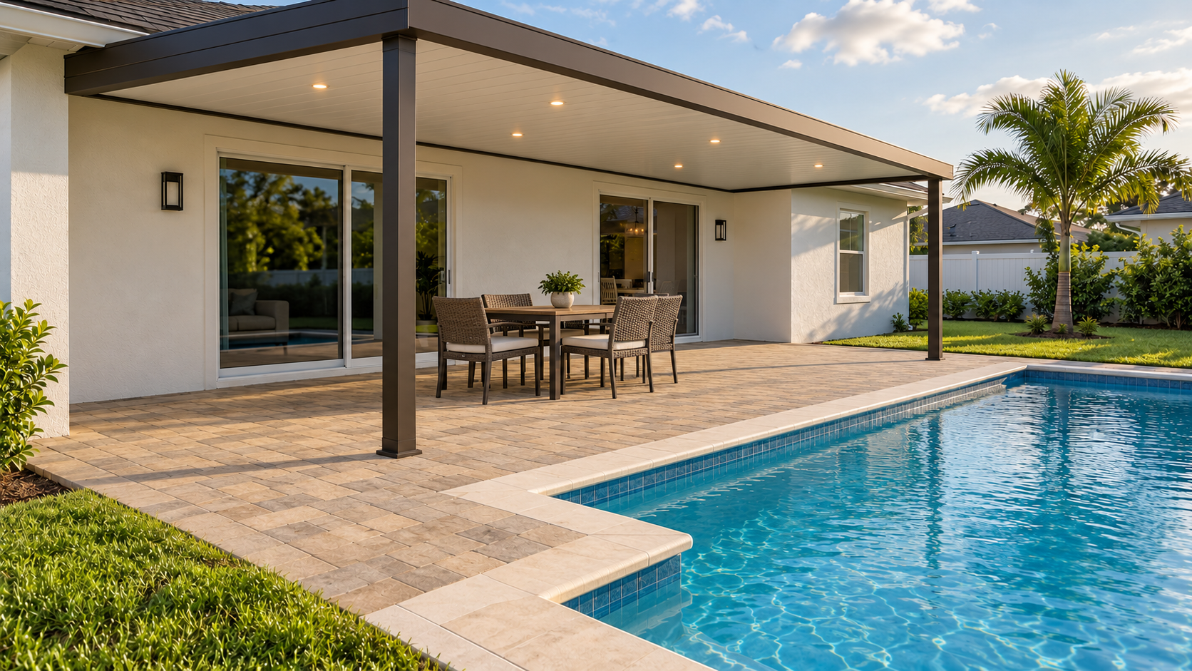 Conceptual visualization of covered aluminum terrace with solid insulated roof and integrated recessed lighting