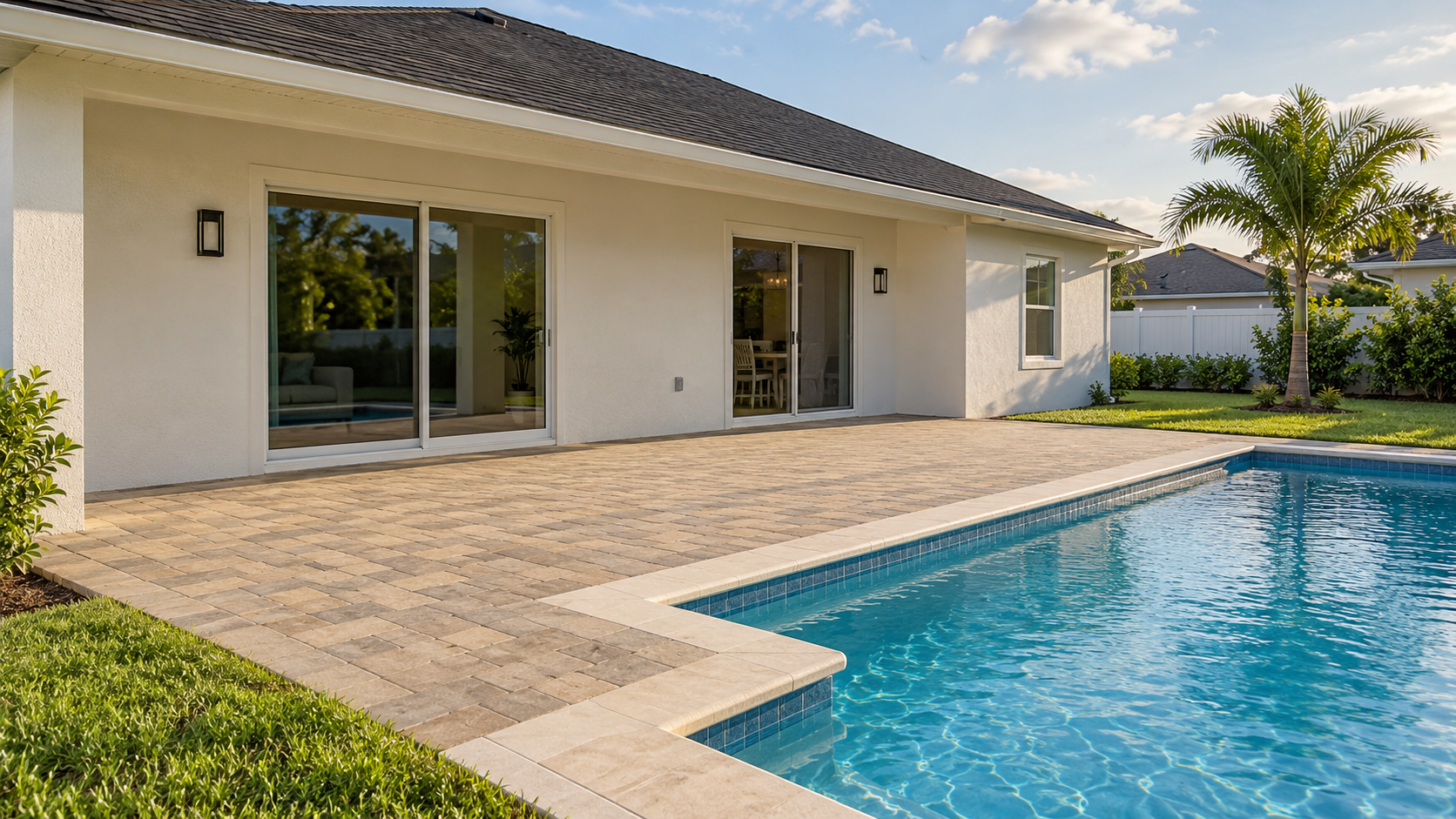 Poolside paver patio area before installation of covered terrace