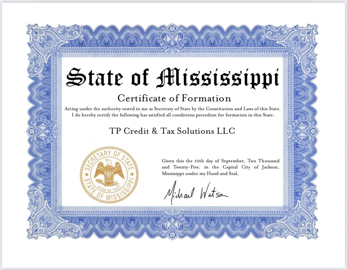 Mississippi Certificate of Formation for TP Credit & Tax Solutions LLC