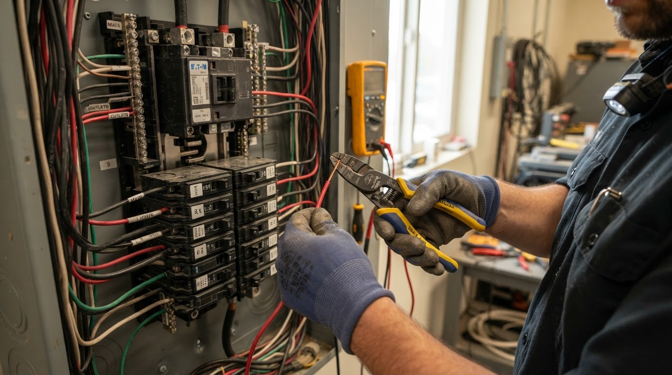 Close-up d'un électricien travaillant sur un panneau électrique