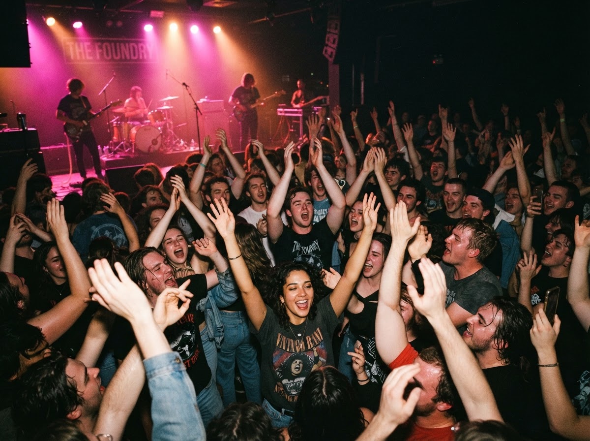 Concert crowd with hands raised under pink and amber stage lights