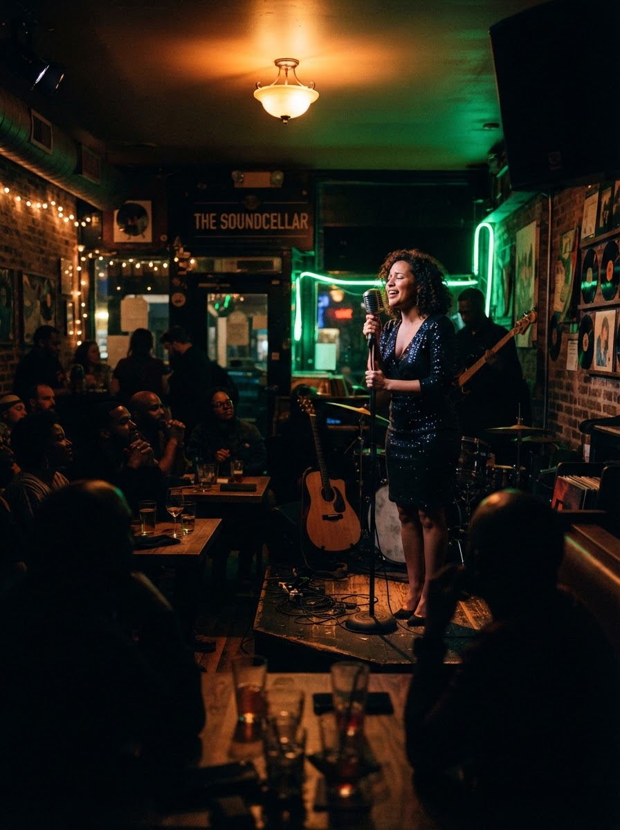 Live music gathering on the South Side under warm orange stage lights