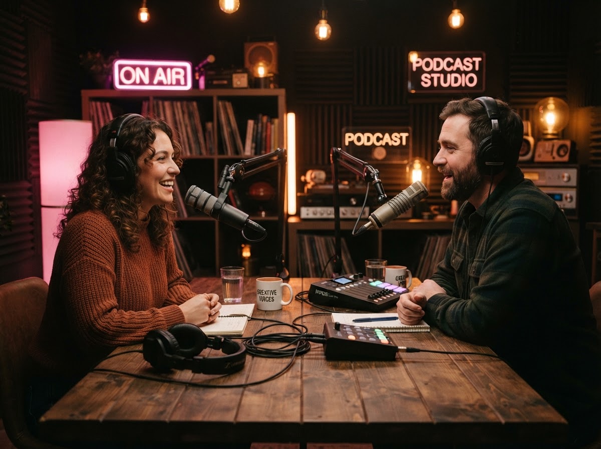 Two podcast hosts speaking into vintage microphones in a pink-lit studio