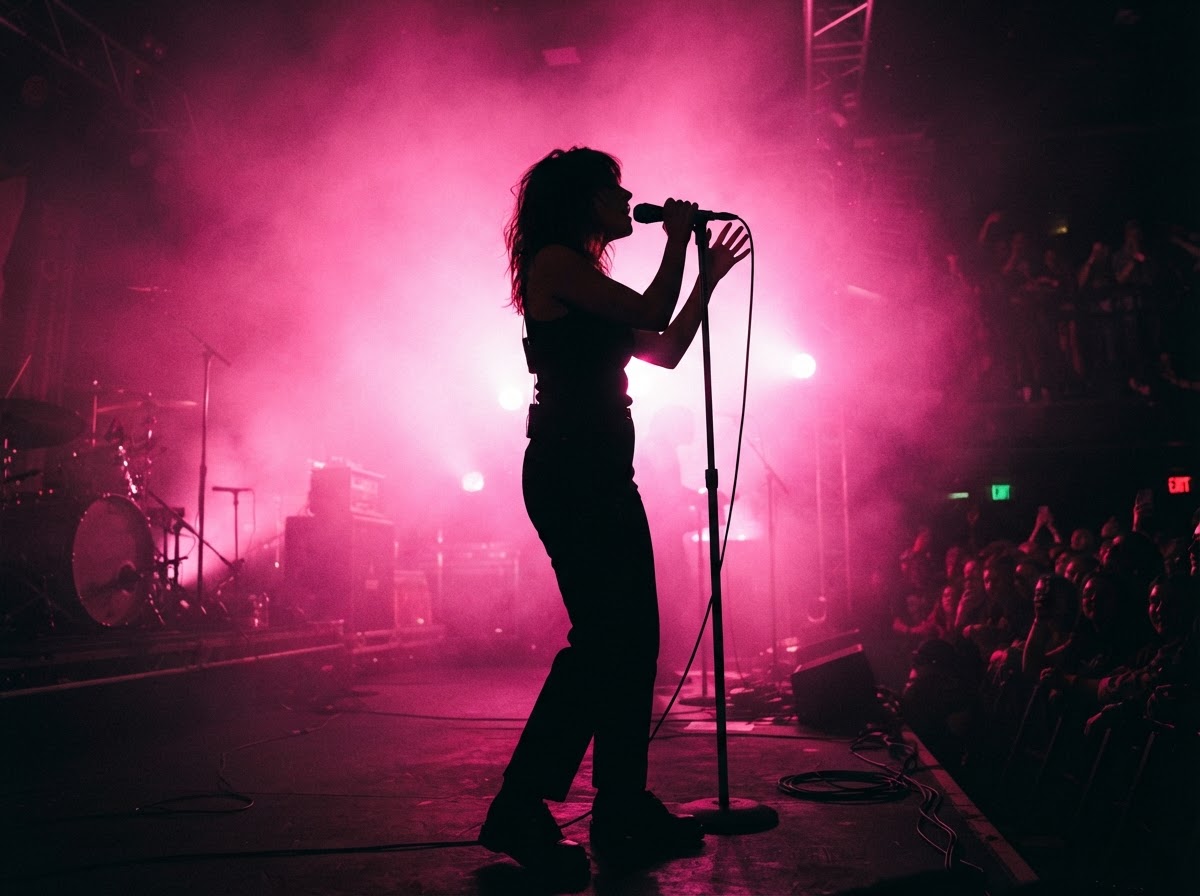 Singer performing live silhouetted against pink backlight