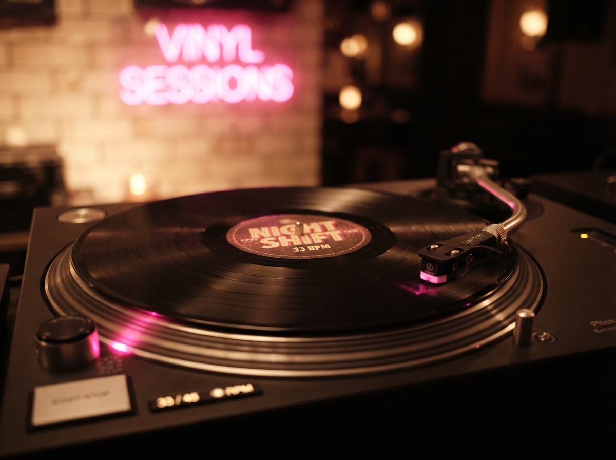 DJ turntable with a spinning vinyl record glowing pink