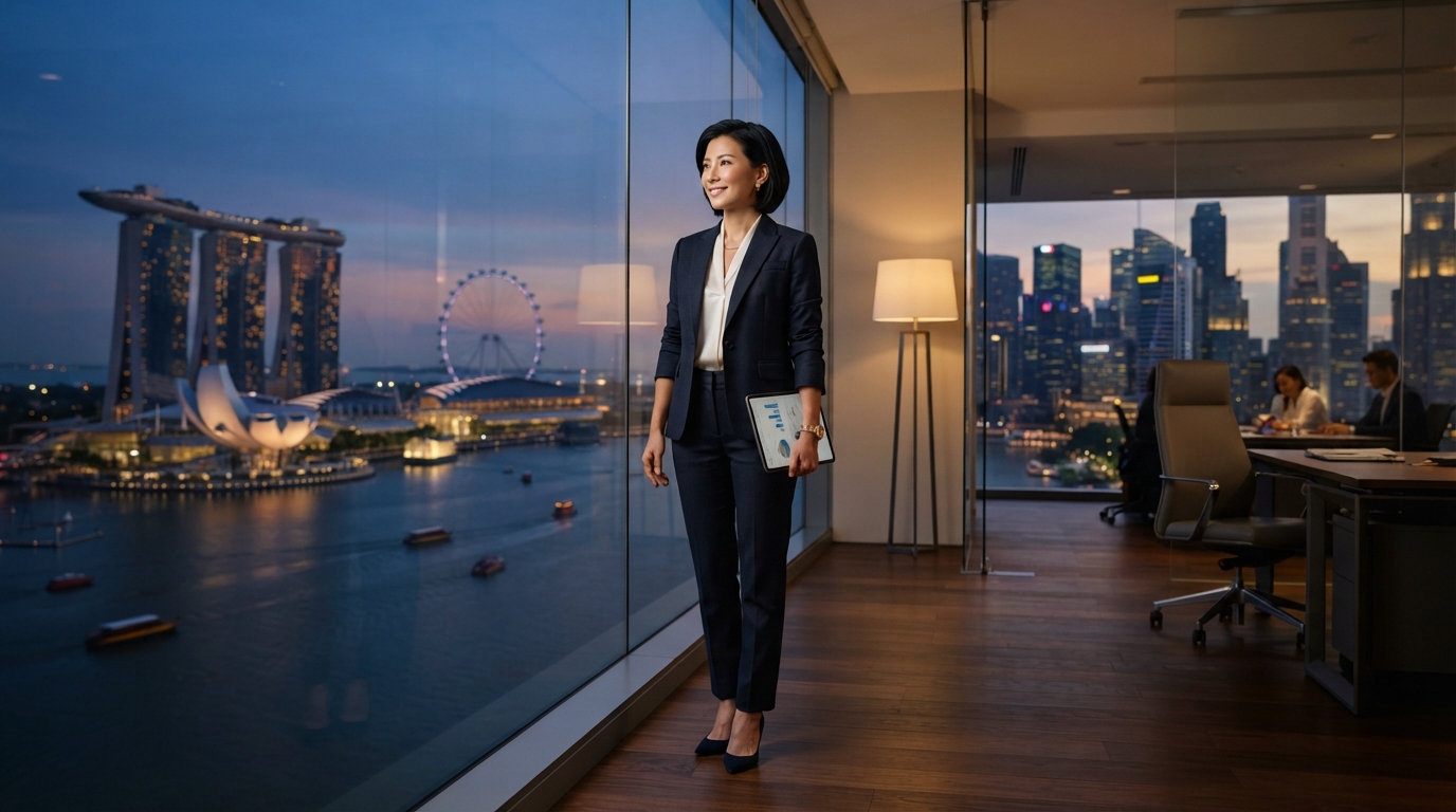Executive overlooking the Singapore Marina Bay business district at dusk