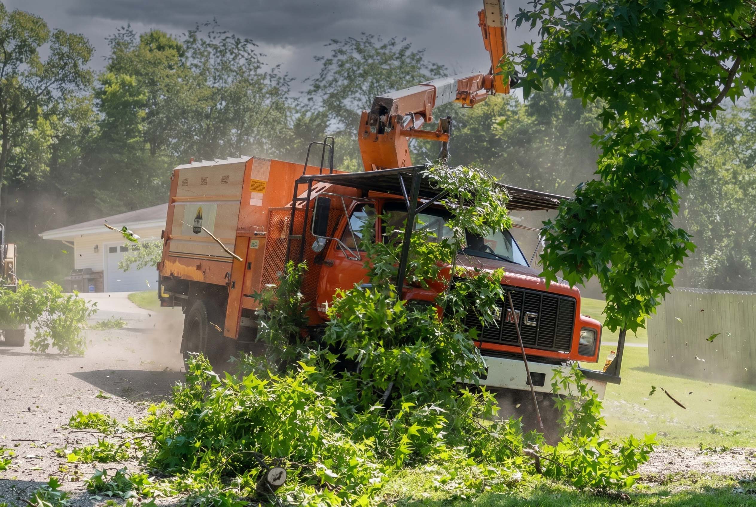Sutton Tree Service GMC chipper truck with bucket lift processing storm debris on a residential property in central Illinois