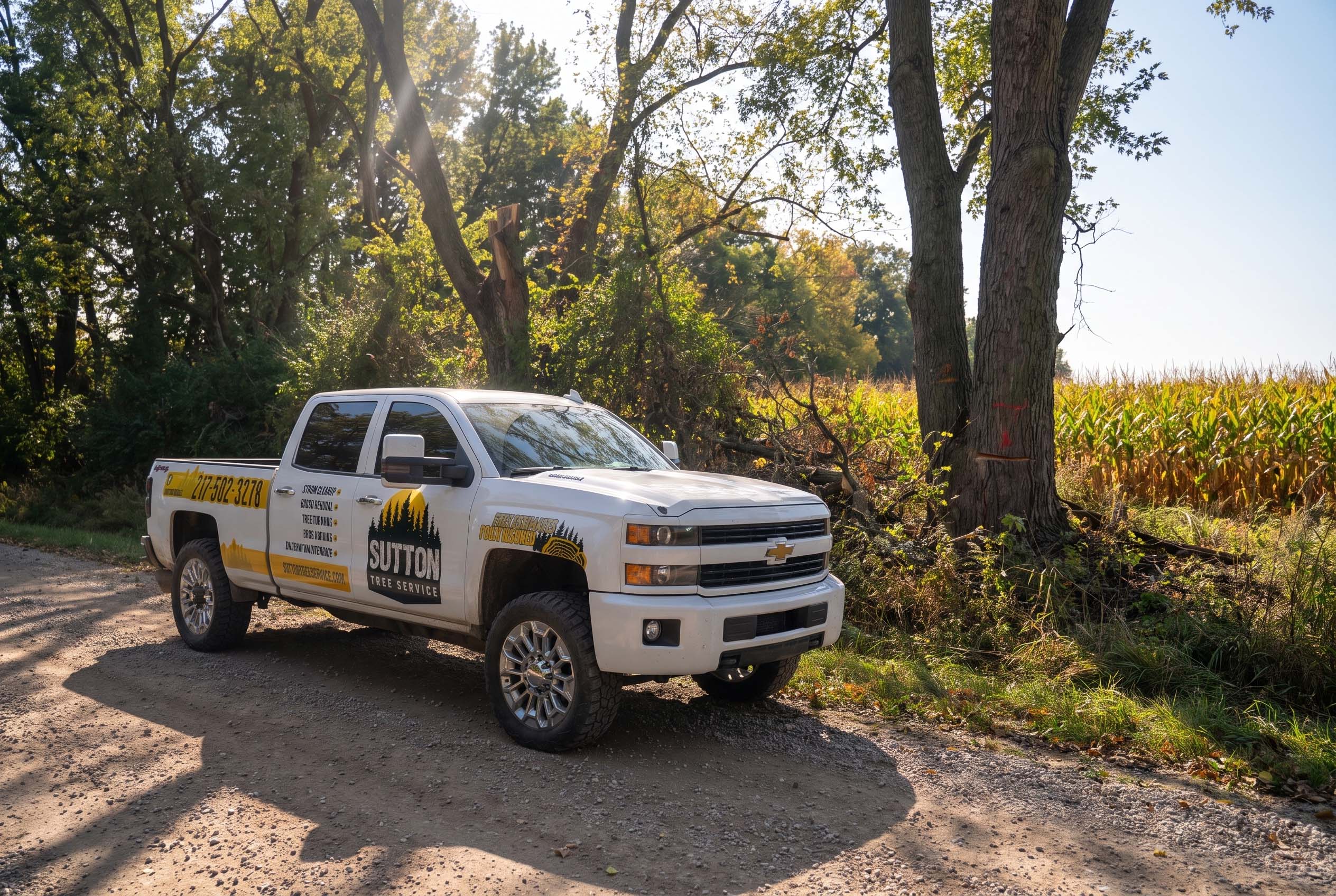 Sutton Tree Service branded truck on site for tree removal