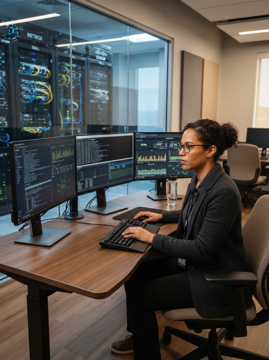 A Dedote systems administrator managing VPS infrastructure on a server terminal with server racks in the background