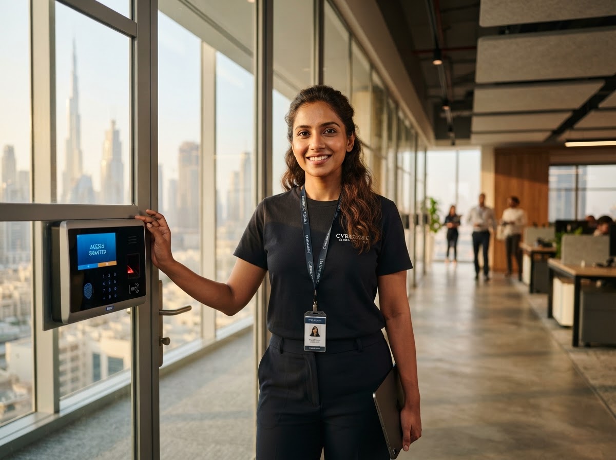 A confident Dedote IT security consultant next to a biometric access control panel in a modern Dubai office