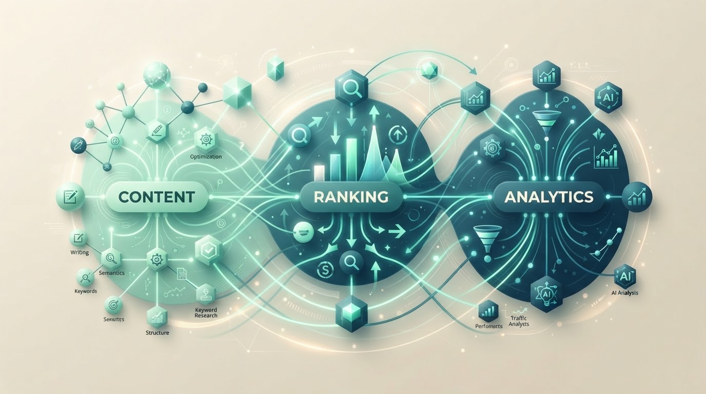 Abstract visualisation of AI-powered SEO tools working together across content, ranking, and analytics
