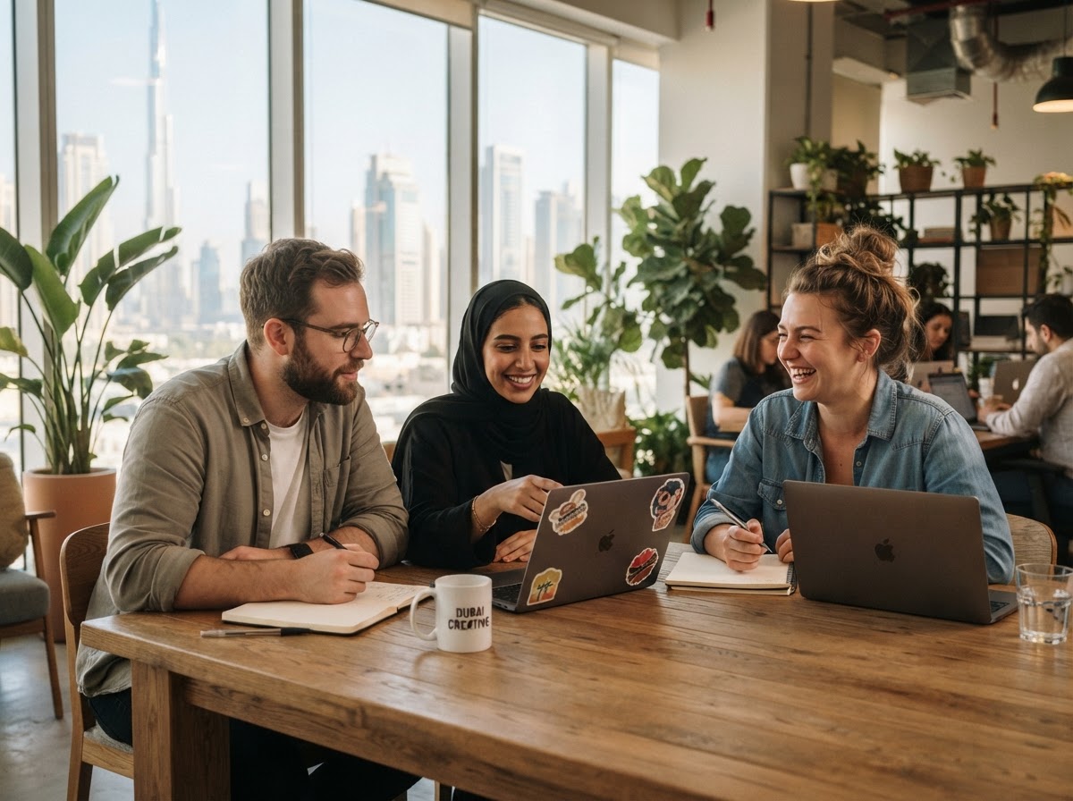The Dedote team working together in the Dubai office