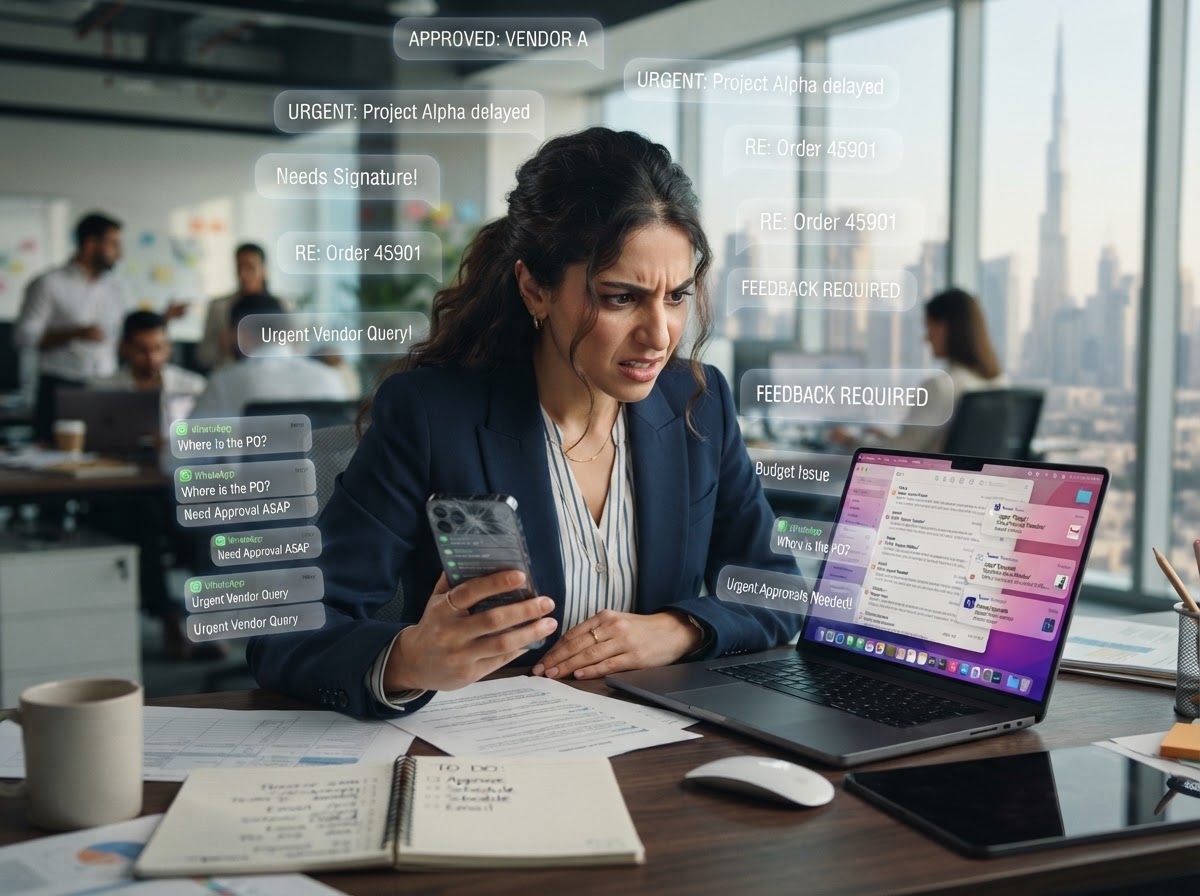 Busy professional woman overwhelmed by messages, calls and approvals from four separate vendors