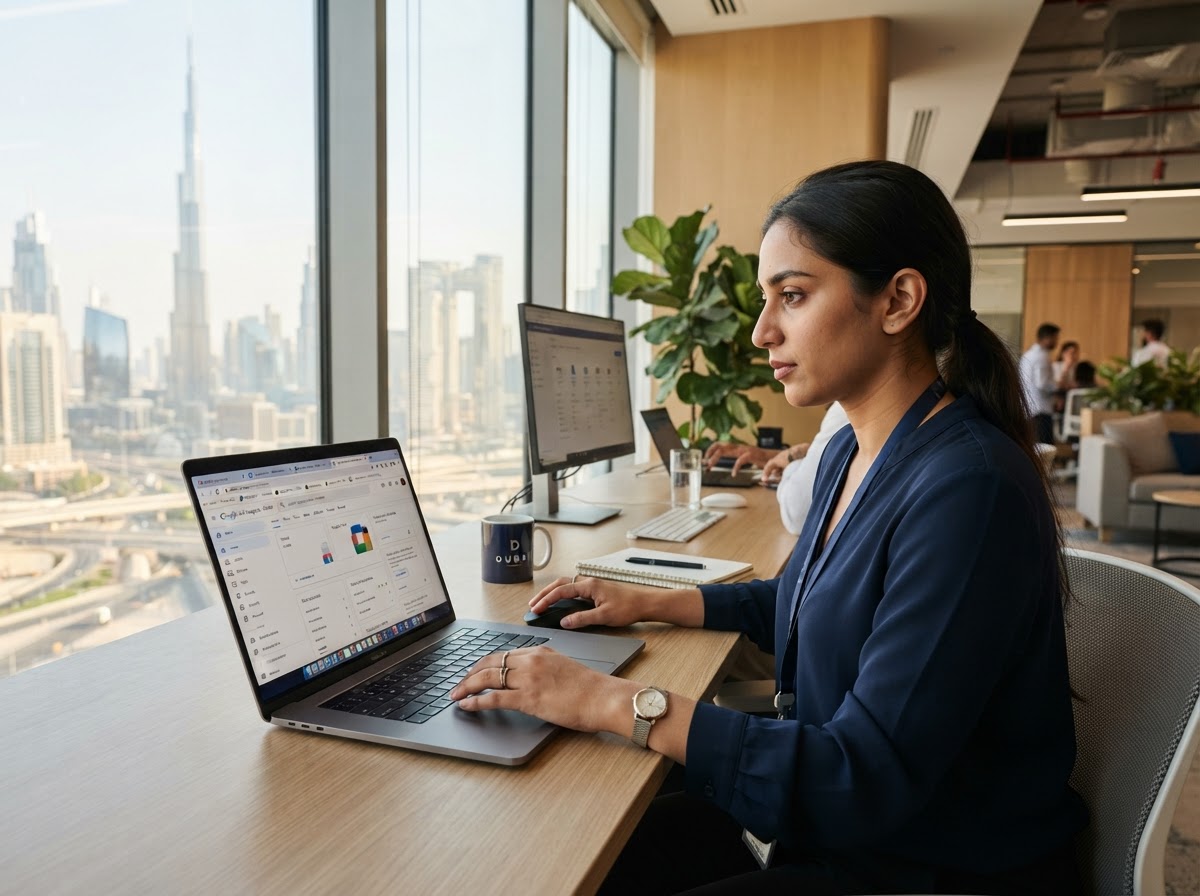 A Dedote IT specialist configuring Google Workspace admin console with Gmail, Docs, Meet and Drive open in a modern Dubai office