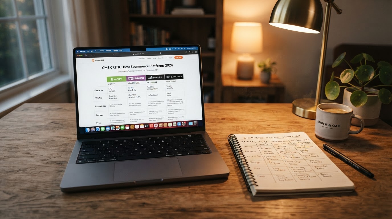 Comparing ecommerce CMS platforms on a laptop and notepad