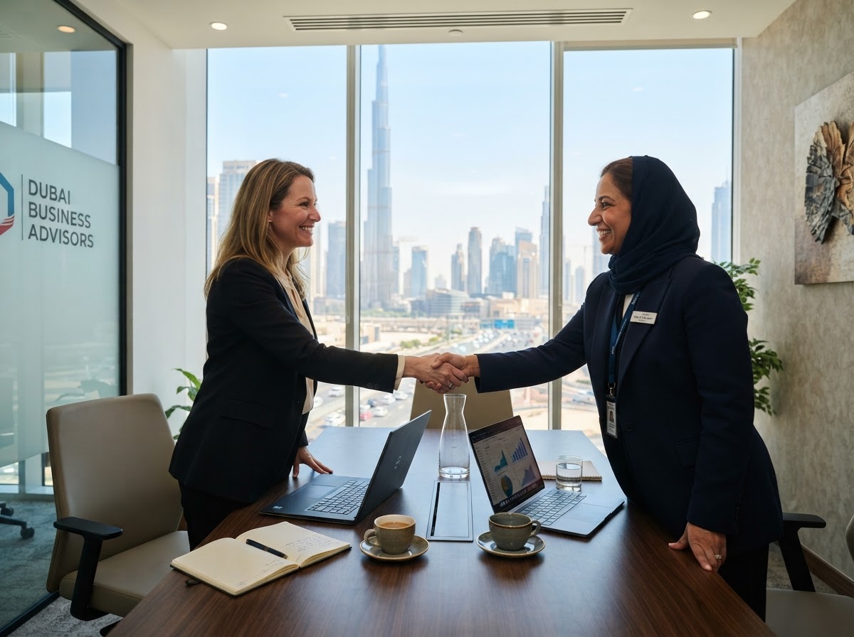 A Dedote consultant welcoming a client for a marketing strategy call in a modern Dubai office