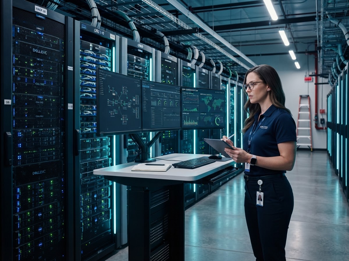 A Dedote systems engineer reviewing enterprise server rack infrastructure in a Dubai data centre