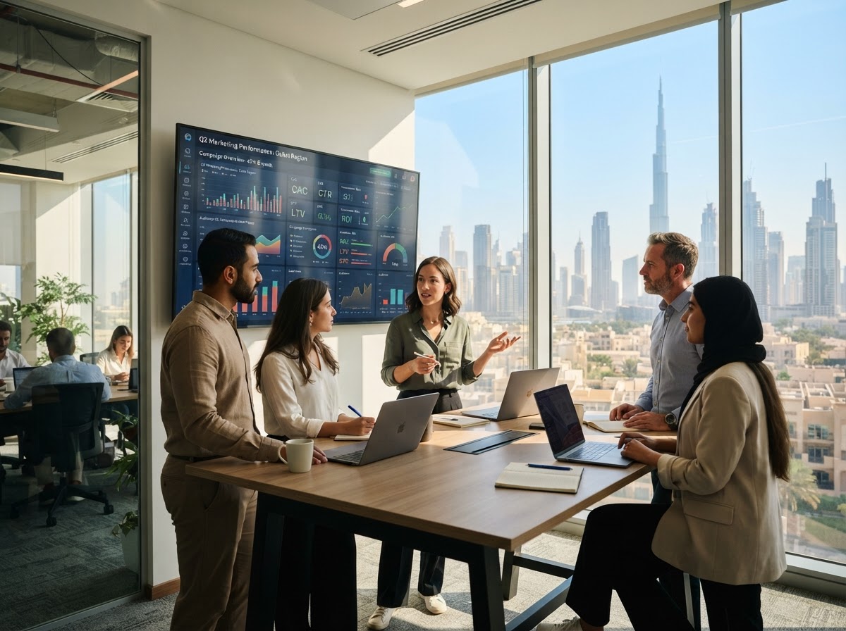 A Dedote marketing strategy team reviewing campaign performance on a wall screen in a bright Dubai office
