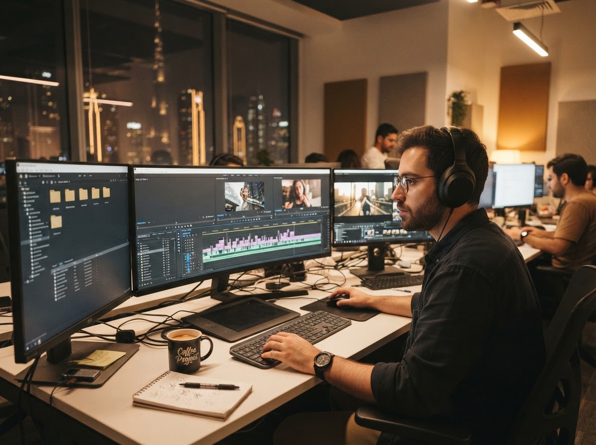 A Dedote video editor reviewing a timeline at a multi-monitor workstation