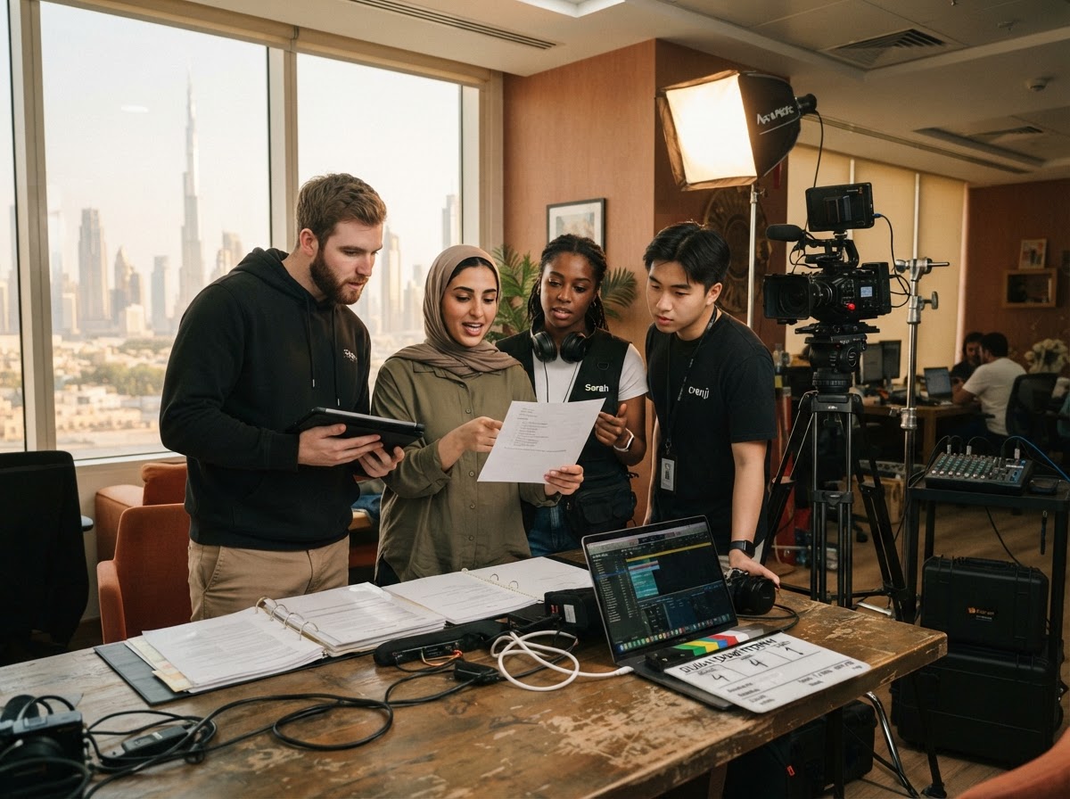 A Dedote production team reviewing a shot list on location in Dubai