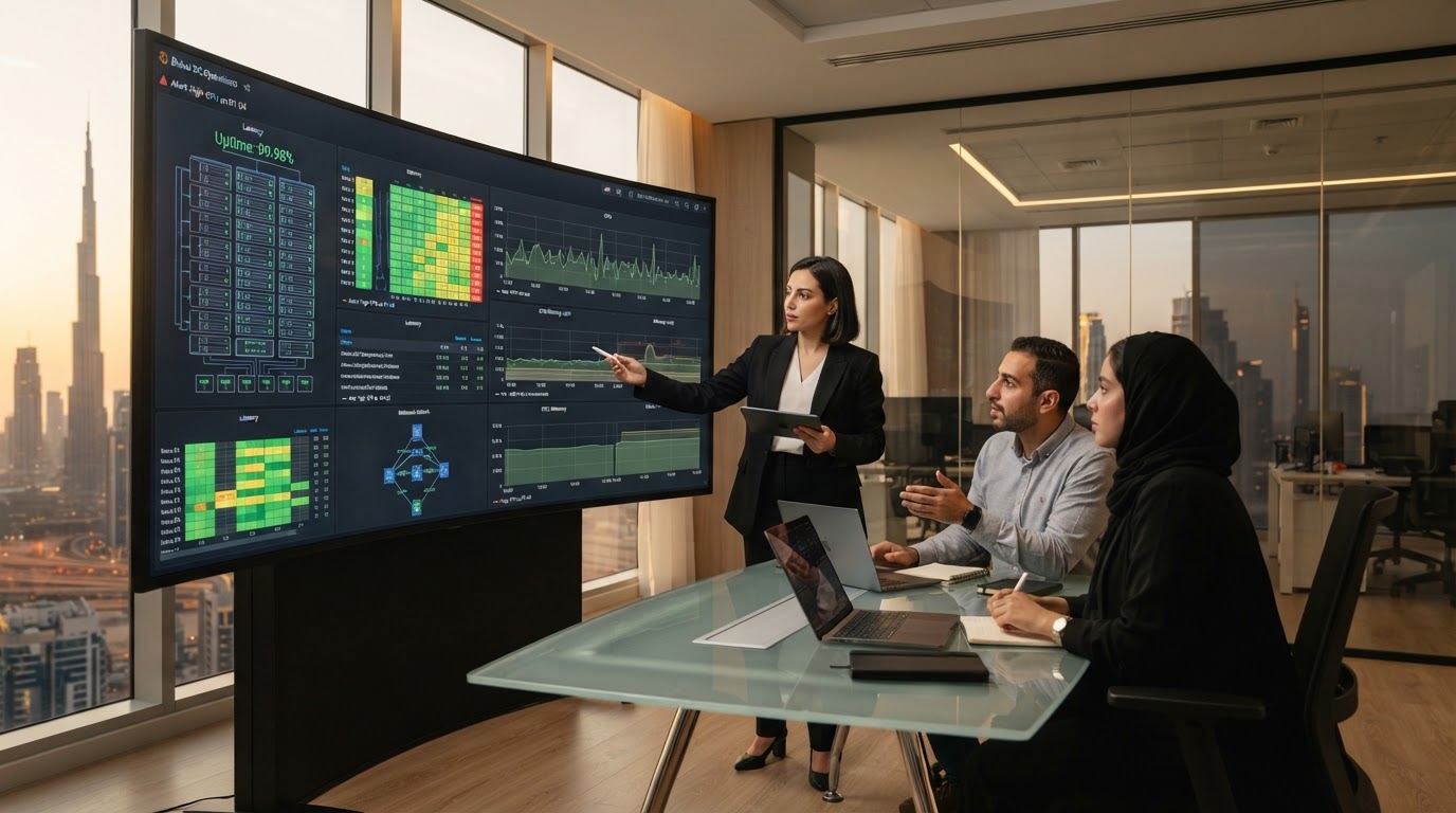 A Dedote infrastructure team reviewing server monitoring dashboards in a modern Dubai office