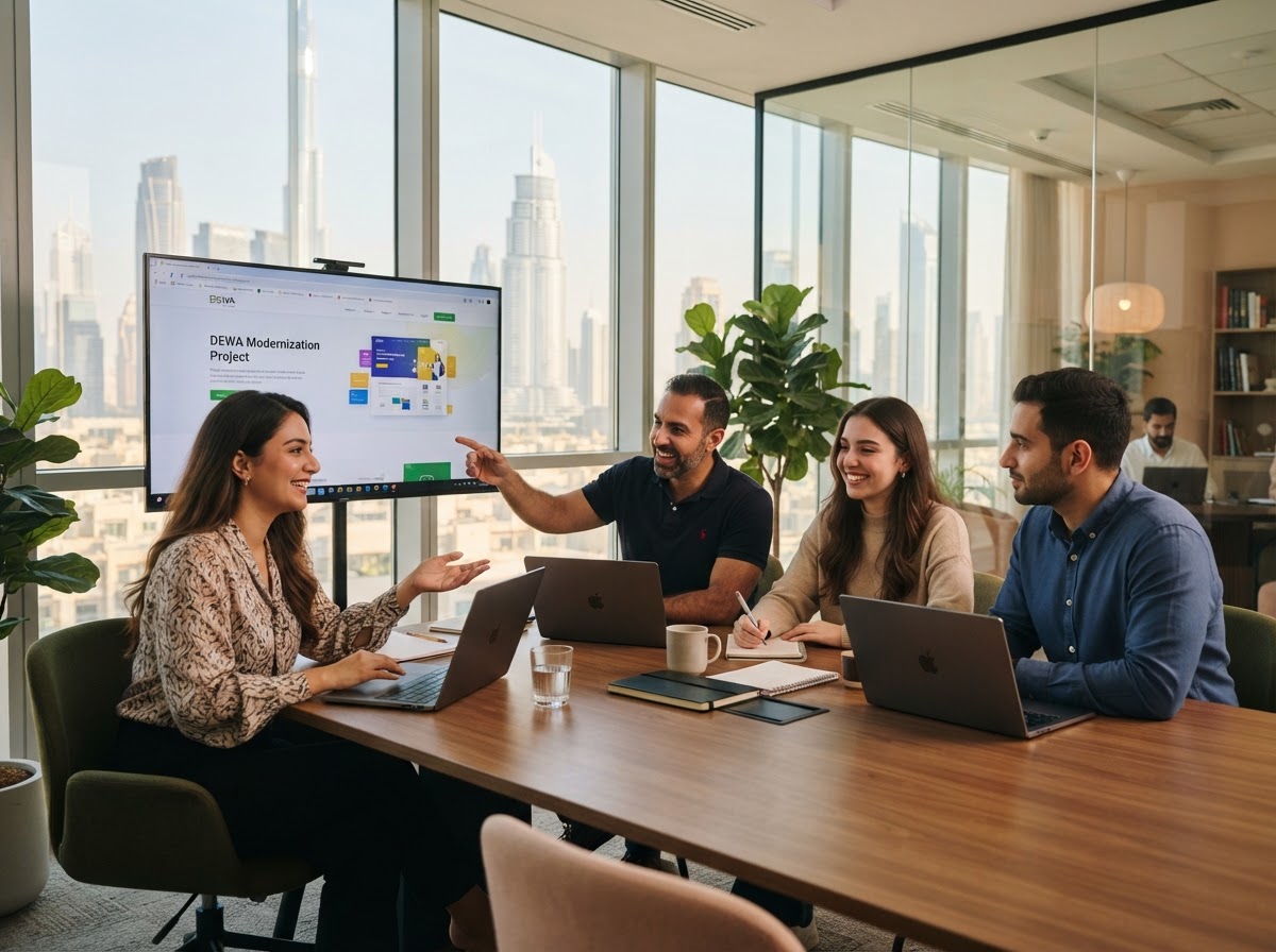 A Dedote web development team collaborating in the office